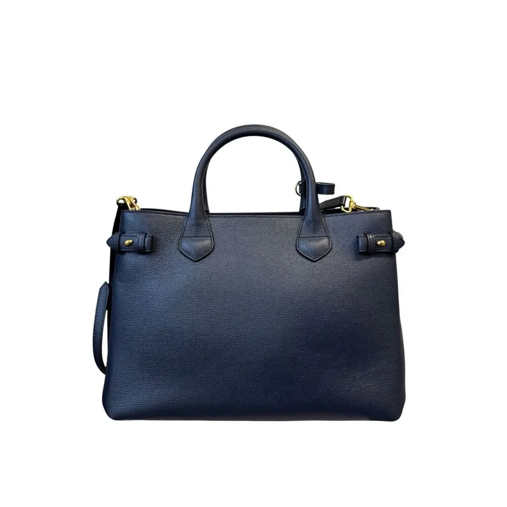 Burberry Navy Blue Saffiano Pebbled Leather Nova Check 2way Banner Satchel Ex+